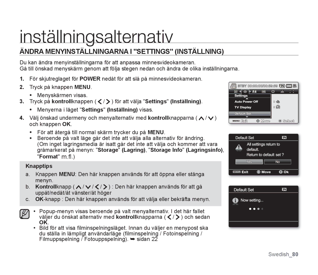 Samsung SMX-F30BP/EDC, SMX-F33BP/EDC manual Inställningsalternativ, Ändra Menyinställningarna I Settings Inställning 