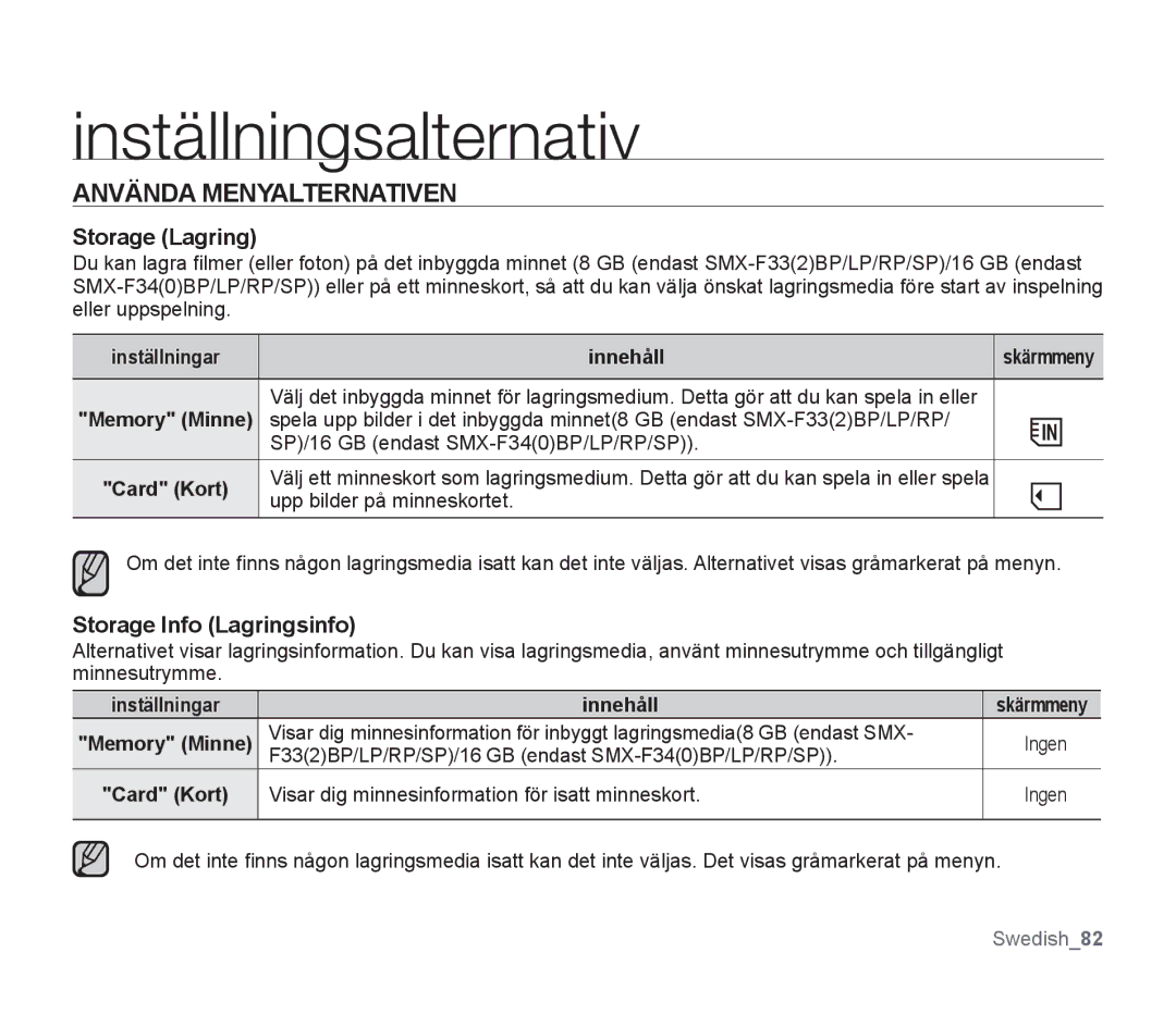 Samsung SMX-F300BP/EDC manual Använda Menyalternativen, Storage Lagring, Storage Info Lagringsinfo, Inställningar Innehåll 