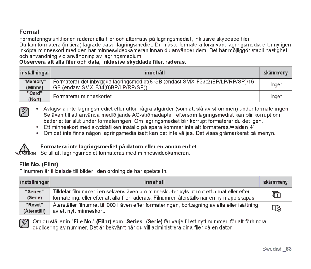 Samsung SMX-F30LP/EDC, SMX-F33BP/EDC, SMX-F30RP/EDC, SMX-F30BP/EDC manual Format, File No. Filnr, Av ett nytt minneskort 