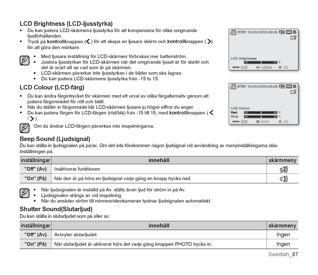 Samsung SMX-F34BP/EDC LCD Brightness LCD-ljusstyrka, LCD Colour LCD-färg, Beep Sound Ljudsignal, Shutter SoundSlutarljud 
