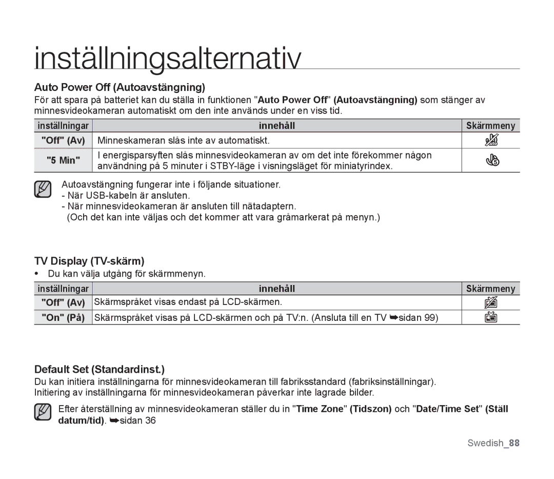 Samsung SMX-F300BP/EDC Auto Power Off Autoavstängning, TV Display TV-skärm, Default Set Standardinst, Datum/tid. sidan 