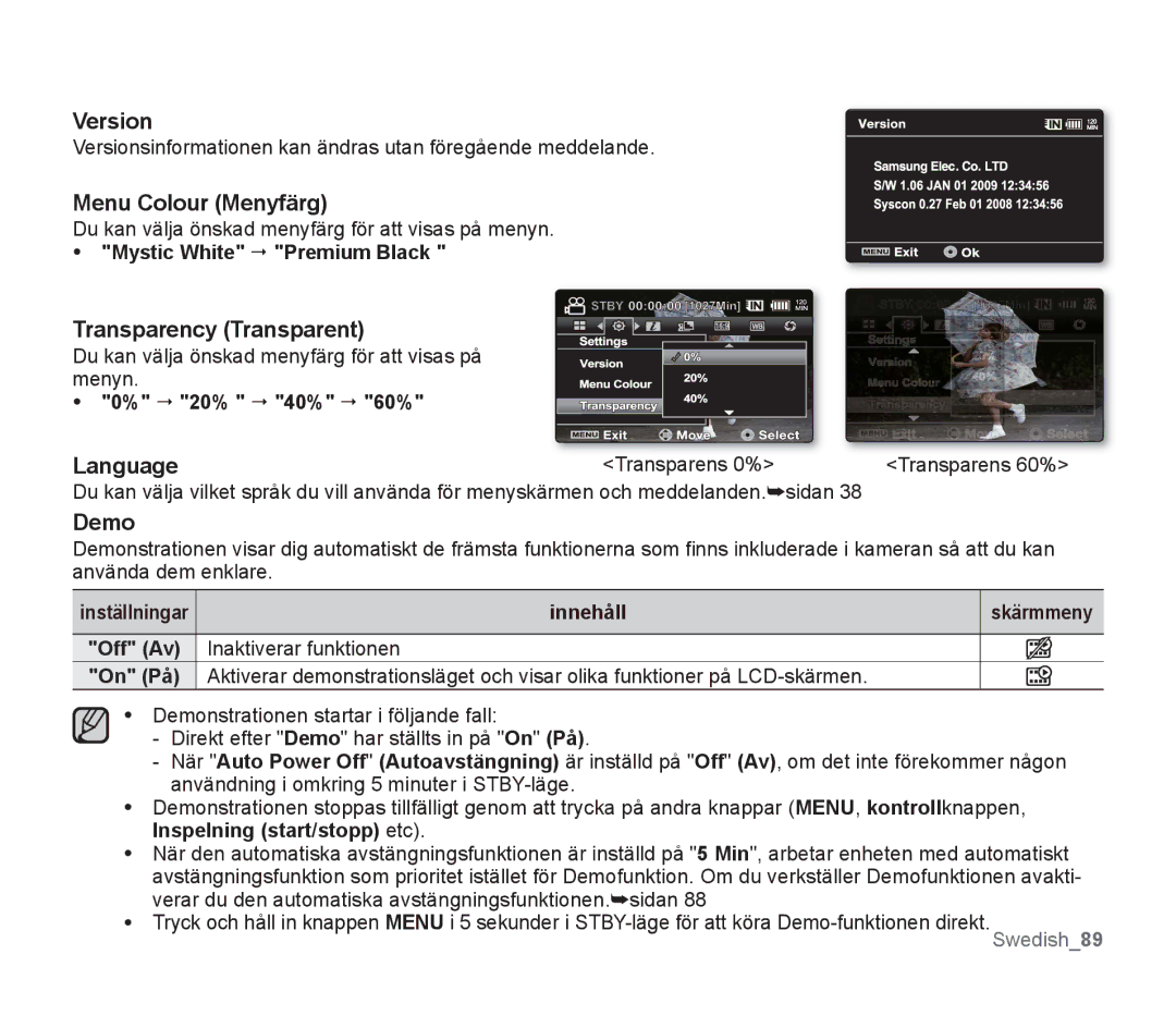 Samsung SMX-F30LP/EDC, SMX-F33BP/EDC, SMX-F30RP/EDC Version, Menu Colour Menyfärg, Transparency Transparent, Language, Demo 