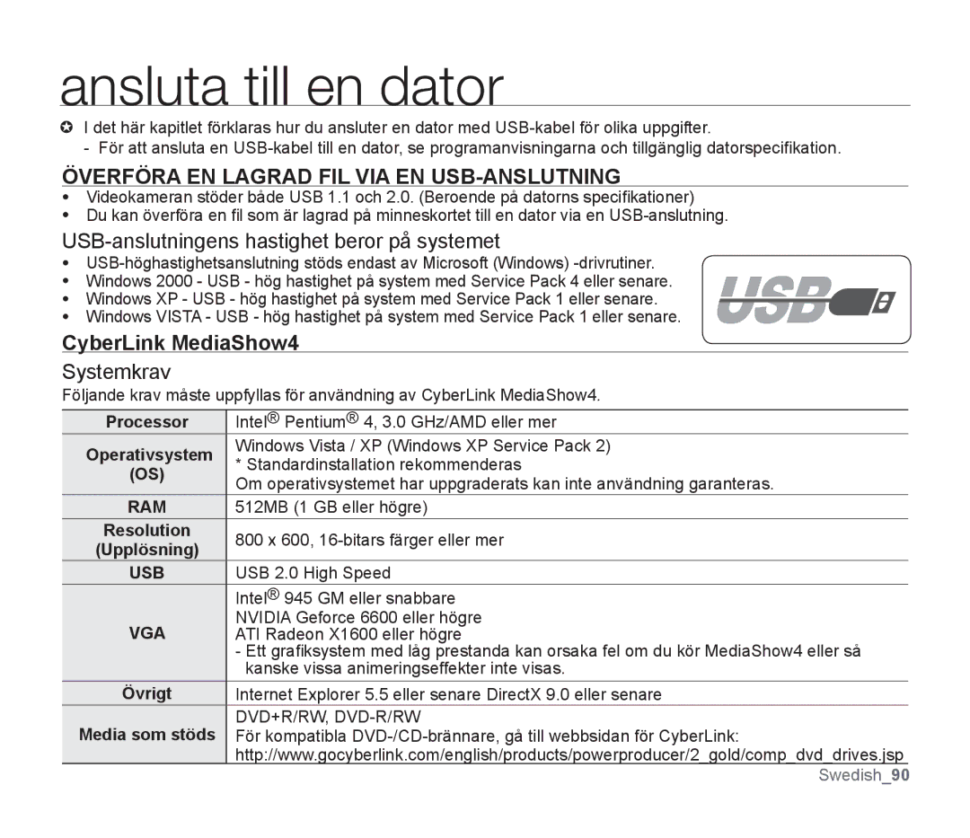 Samsung SMX-F33BP/EDC manual Ansluta till en dator, Överföra EN Lagrad FIL VIA EN USB-ANSLUTNING, CyberLink MediaShow4 