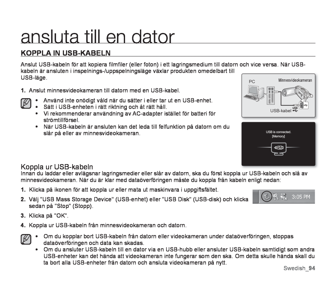 Samsung SMX-F300BP/EDC, SMX-F33BP/EDC manual Koppla In Usb-Kabeln, Koppla ur USB-kabeln, Swedish94, ansluta till en dator 
