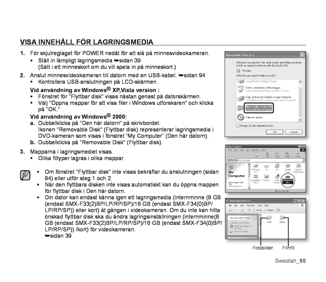 Samsung SMX-F30LP/EDC manual Visa Innehåll För Lagringsmedia, Vid användning av Windows XP,Vista version, Swedish95 