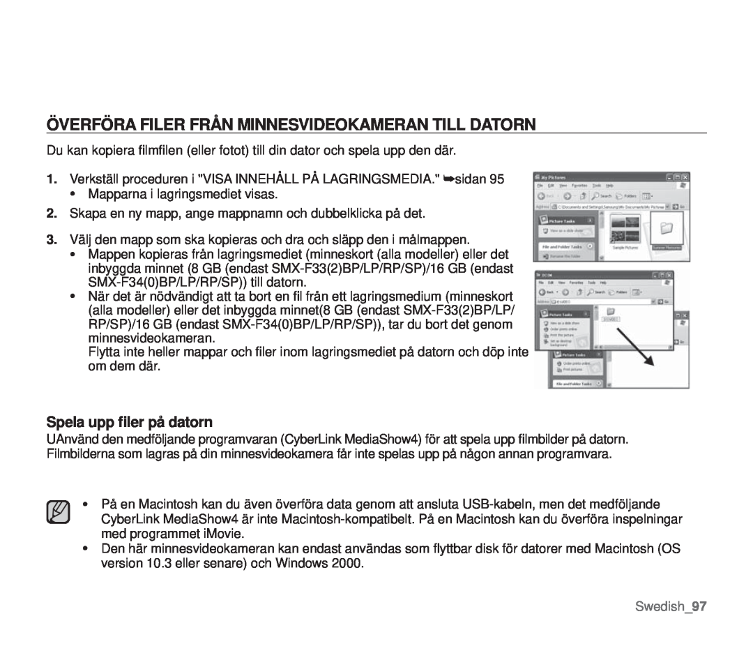 Samsung SMX-F30RP/EDC manual Överföra Filer Från Minnesvideokameran Till Datorn, Spela upp ﬁler på datorn, Swedish97 
