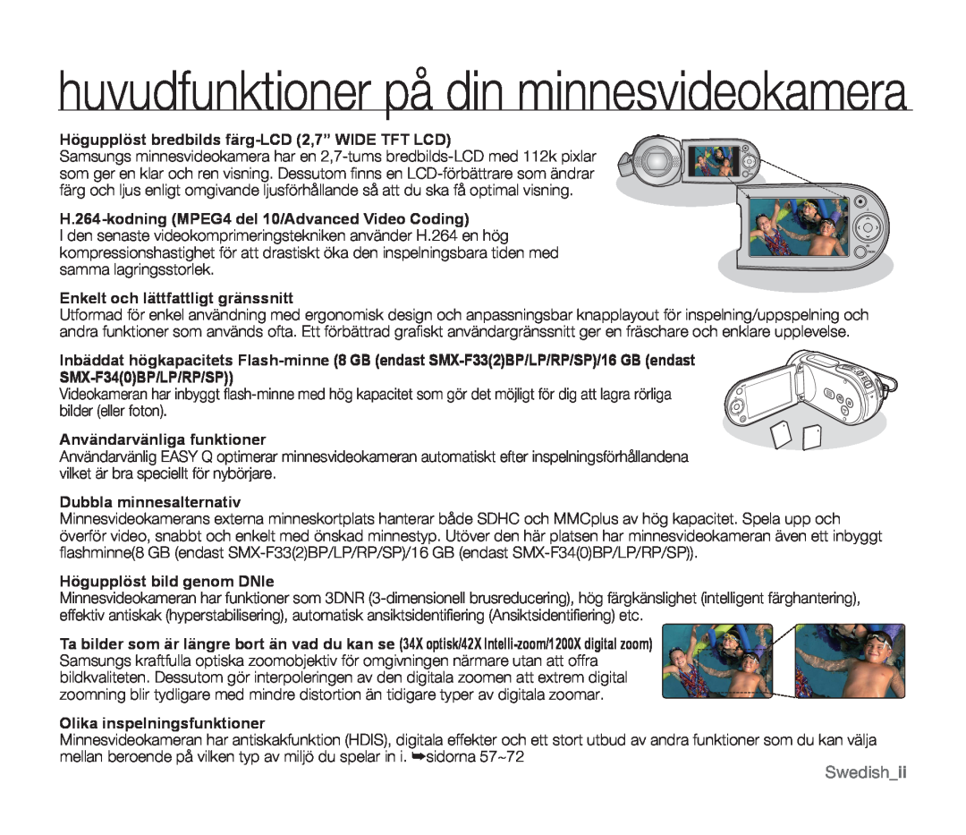Samsung SMX-F30BP/EDC Swedishii, huvudfunktioner på din minnesvideokamera, Högupplöst bredbilds färg-LCD 2,7” WIDE TFT LCD 