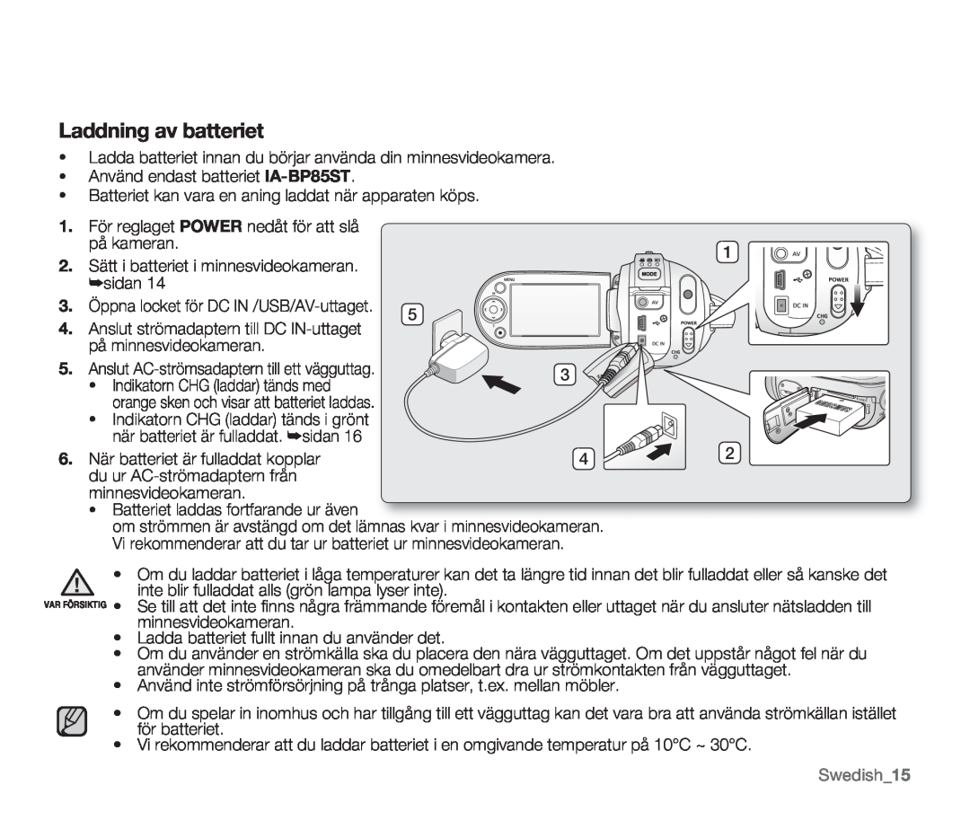 Samsung SMX-F34BP/EDC, SMX-F33BP/EDC, SMX-F30RP/EDC, SMX-F30BP/EDC, SMX-F300BP/EDC manual Laddning av batteriet, Swedish15 