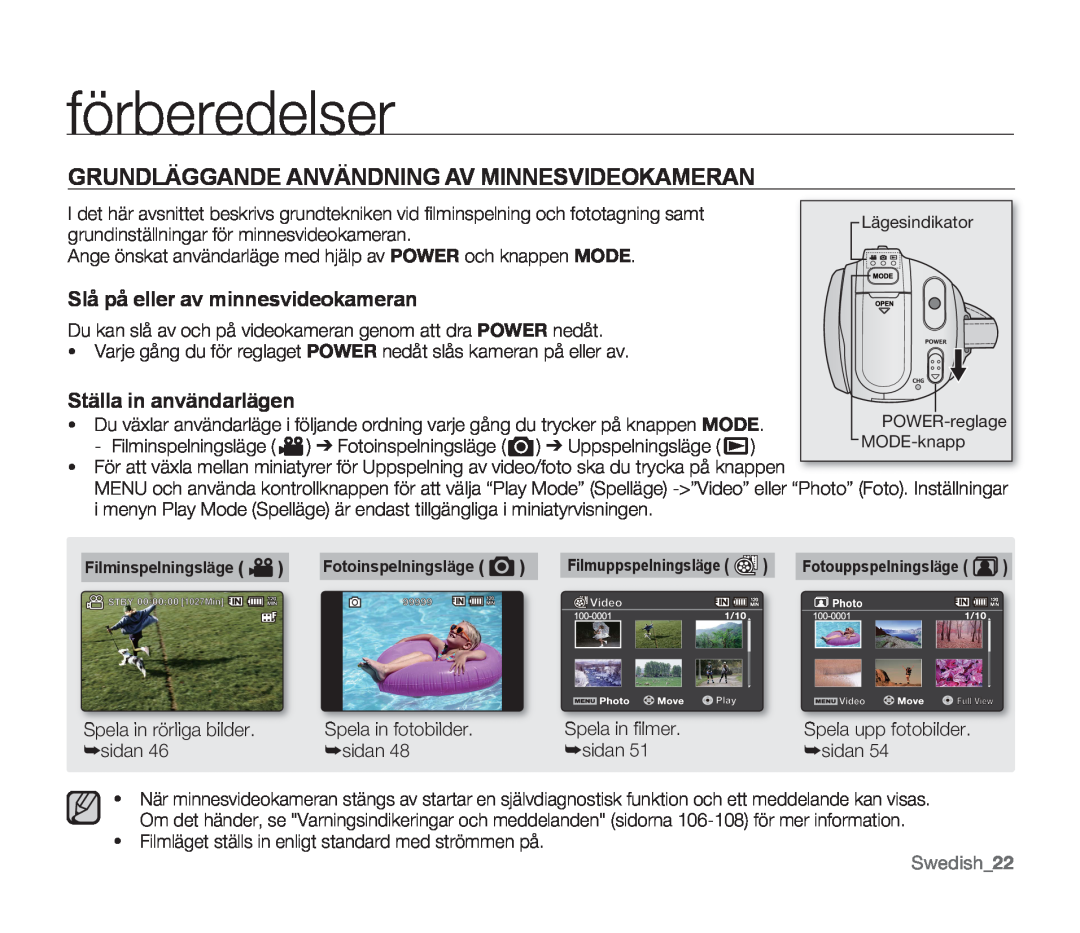Samsung SMX-F300BP/EDC manual Grundläggande Användning Av Minnesvideokameran, Slå på eller av minnesvideokameran, Swedish22 