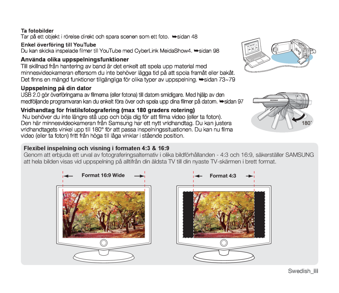Samsung SMX-F34BP/EDC manual Använda olika uppspelningsfunktioner, Uppspelning på din dator, Swedishiii, Ta fotobilder 