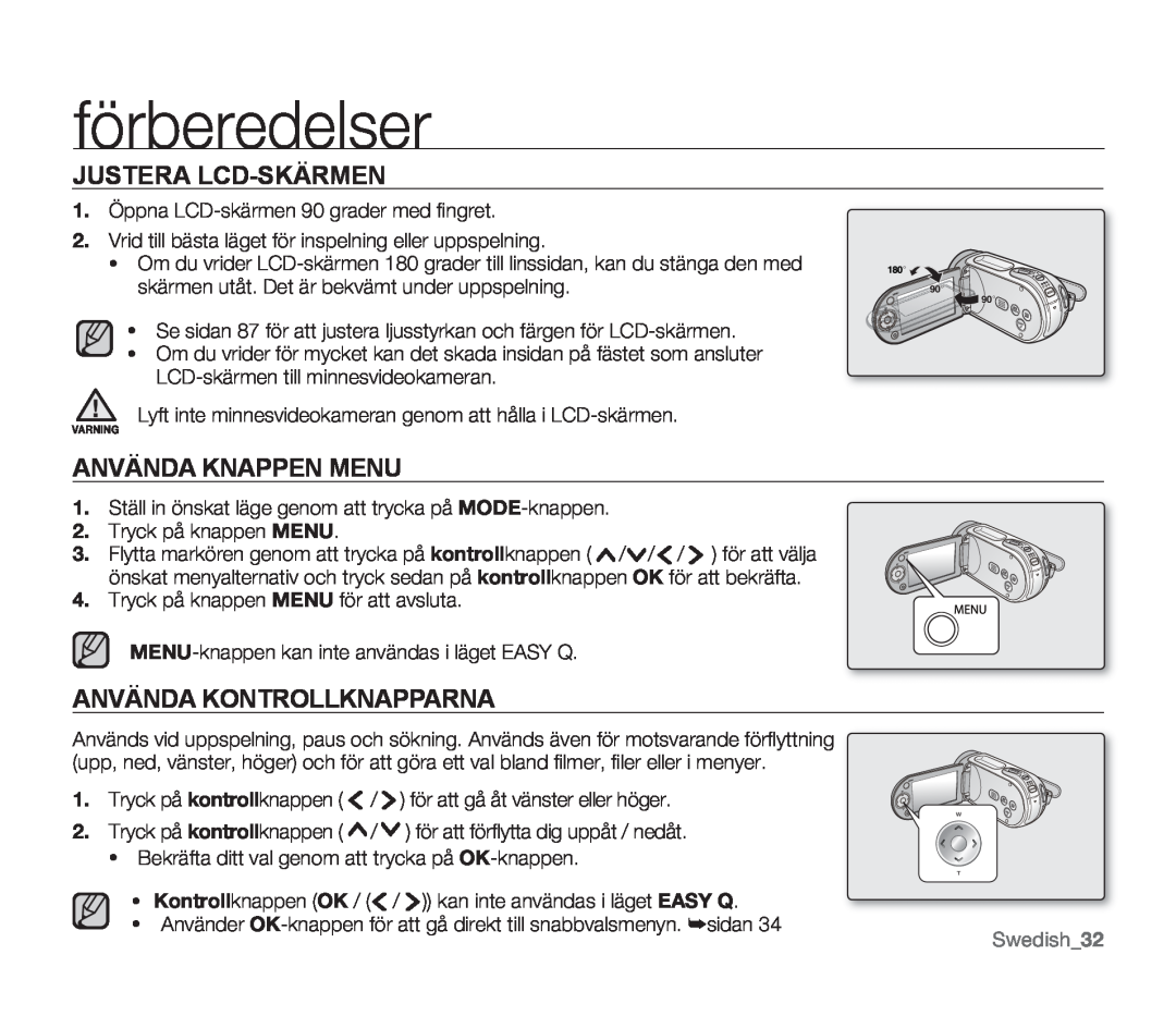 Samsung SMX-F30BP/EDC manual Justera Lcd-Skärmen, Använda Knappen Menu, Använda Kontrollknapparna, Tryck på knappen MENU 