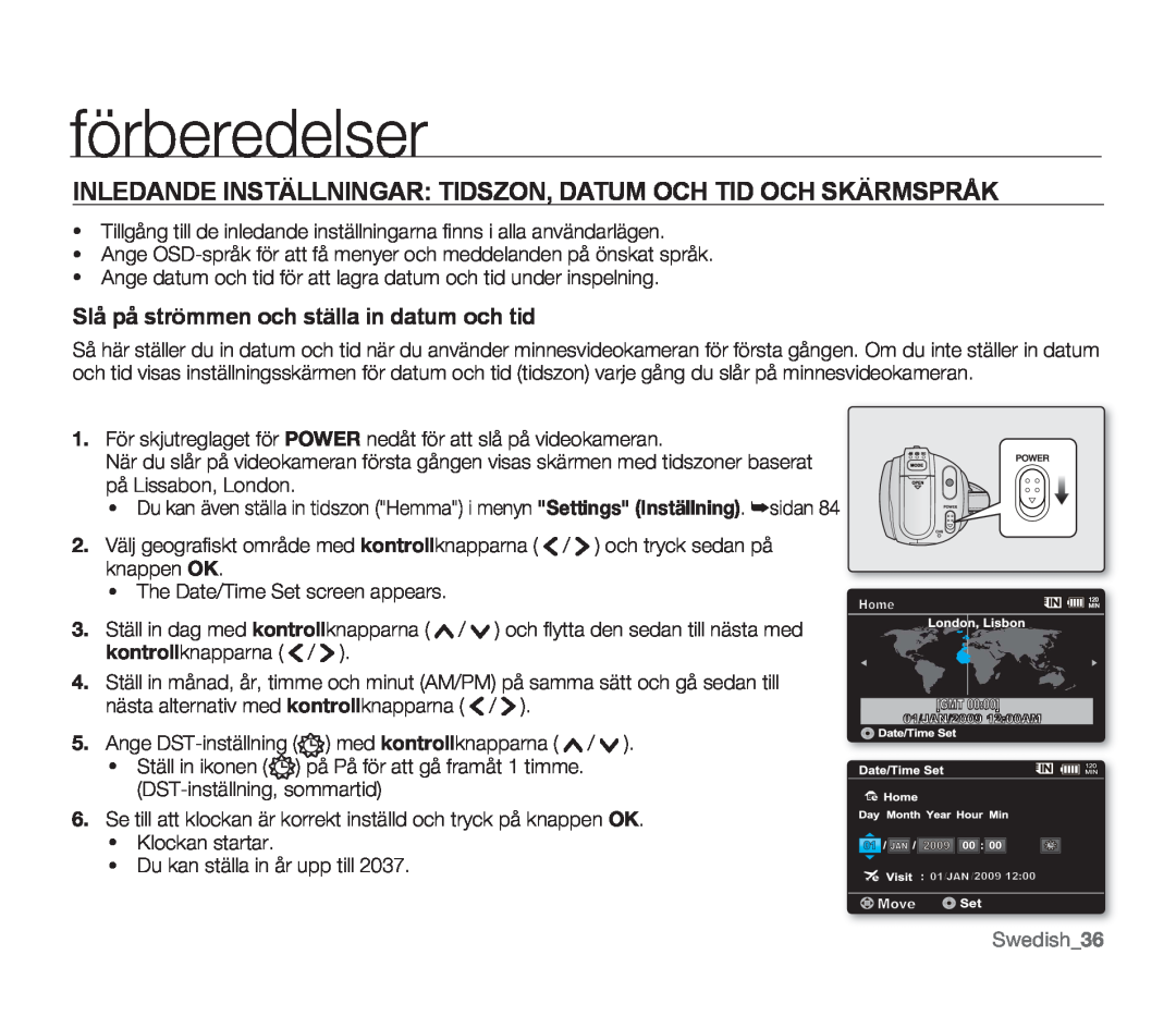 Samsung SMX-F33BP/EDC manual Inledande Inställningar Tidszon, Datum Och Tid Och Skärmspråk, Swedish36, förberedelser 