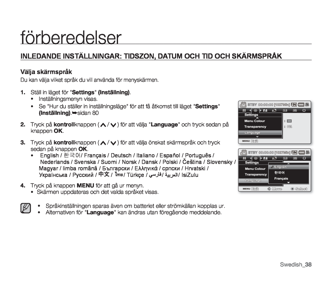 Samsung SMX-F30BP/EDC, SMX-F33BP/EDC, SMX-F30RP/EDC manual Välja skärmspråk, Inställning.sidan, Swedish38, förberedelser 