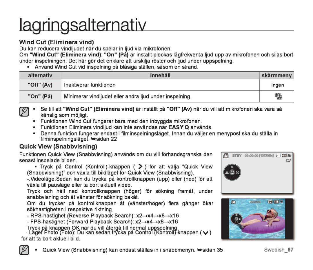 Samsung SMX-F30RP/EDC Wind Cut Eliminera vind, Quick View Snabbvisning, Swedish67, lagringsalternativ, innehåll, Off Av 