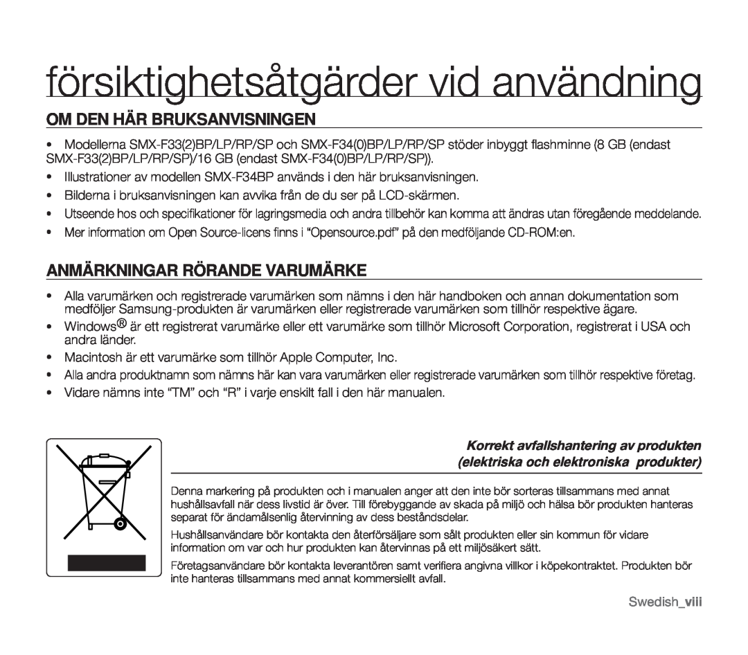 Samsung SMX-F30BP/EDC, SMX-F33BP/EDC manual Om Den Här Bruksanvisningen, Anmärkningar Rörande Varumärke, Swedishviii 