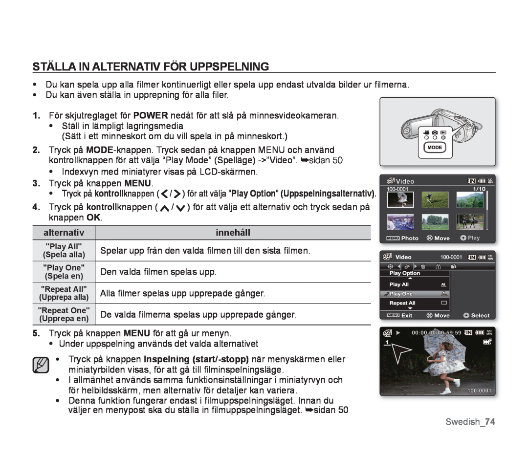 Samsung SMX-F30BP/EDC Ställa In Alternativ För Uppspelning, Spelar upp från den valda ﬁlmen till den sista ﬁlmen, innehåll 
