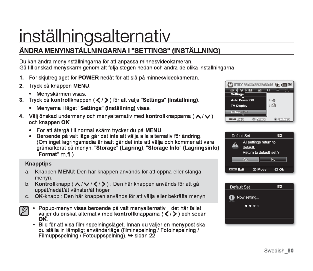 Samsung SMX-F30BP/EDC manual inställningsalternativ, Ändra Menyinställningarna I Settings Inställning, Swedish80, Knapptips 