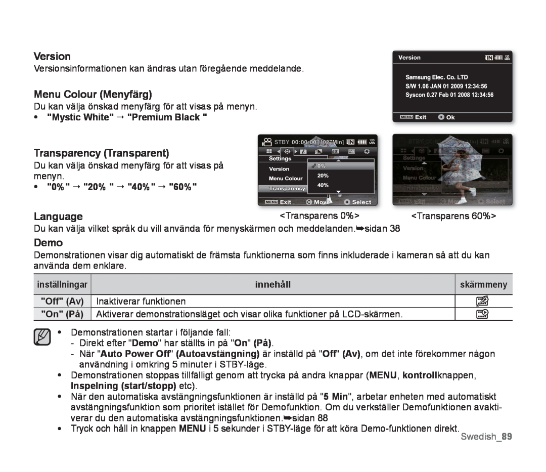 Samsung SMX-F30LP/EDC manual Version, Menu Colour Menyfärg, Transparency Transparent, Language, Demo, 0%  20%  40%  60% 