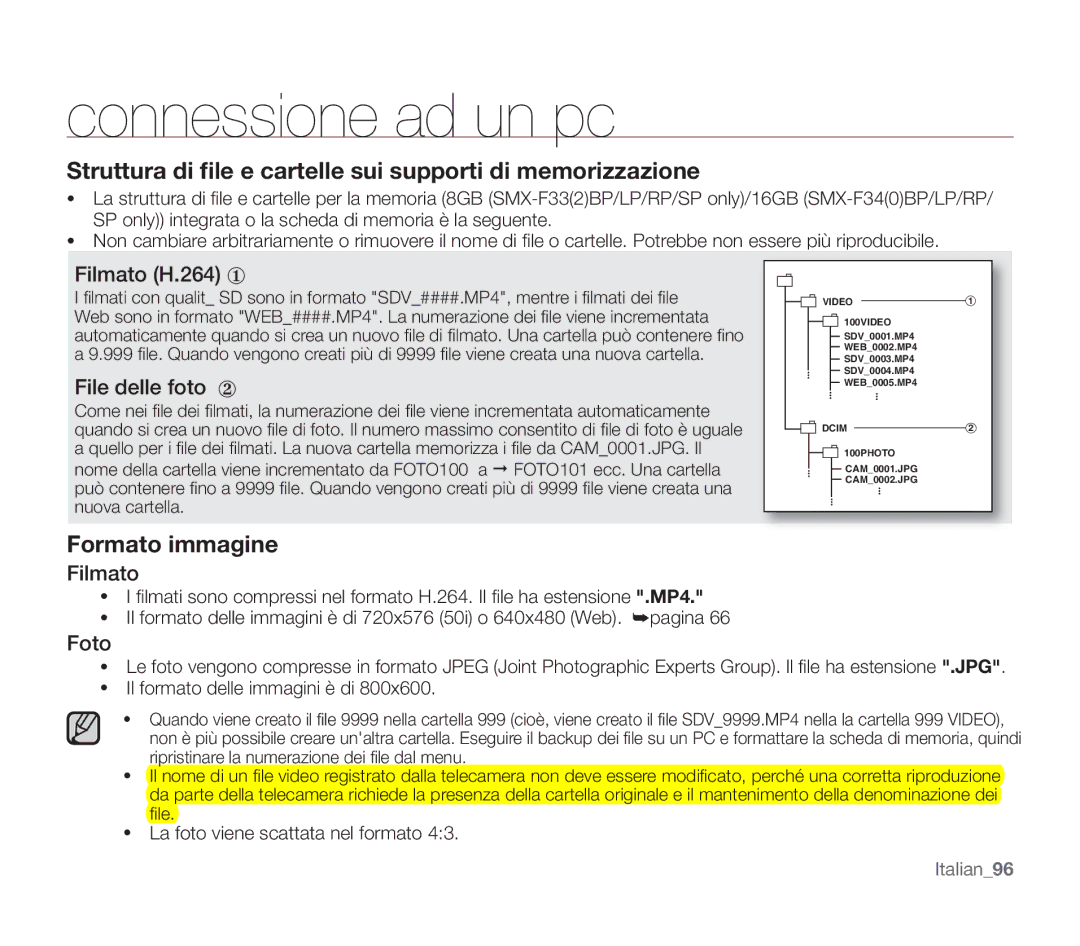 Samsung SMX-F30RP/EDC, SMX-F33BP/EDC manual Filmato H.264 ①, File delle foto ②, Foto, La foto viene scattata nel formato 