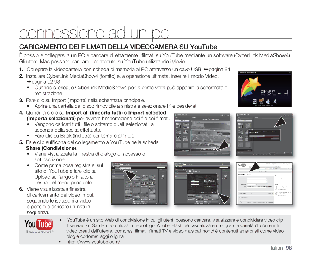 Samsung SMX-F34BP/EDC, SMX-F33BP/EDC, SMX-F30SP/EDC manual You Tube, Caricamento DEI Filmati Della Videocamera SU YouTube 