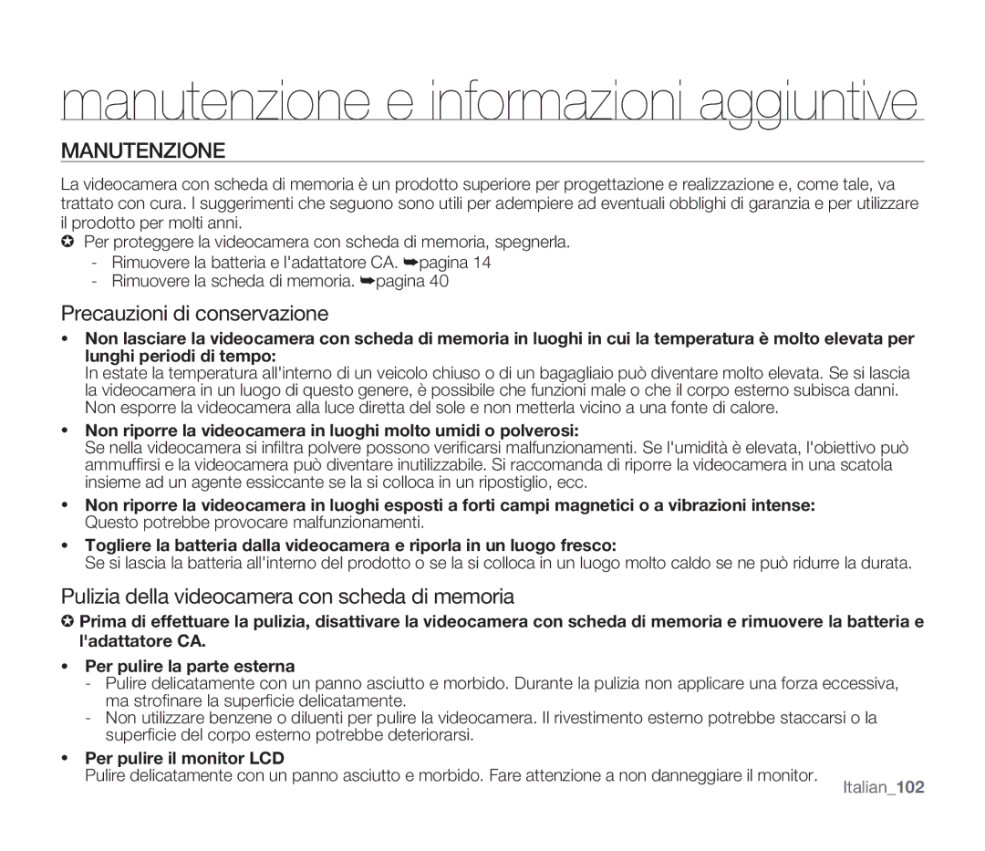 Samsung SMX-F33LP/EDC manual Manutenzione, Precauzioni di conservazione, Pulizia della videocamera con scheda di memoria 