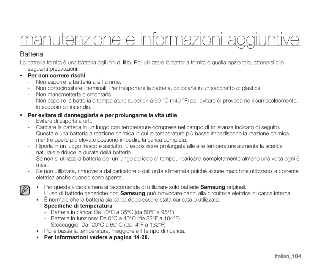 Samsung SMX-F33BP/EDC manual Batteria, Per non correre rischi, Per evitare di danneggiarla e per prolungarne la vita utile 