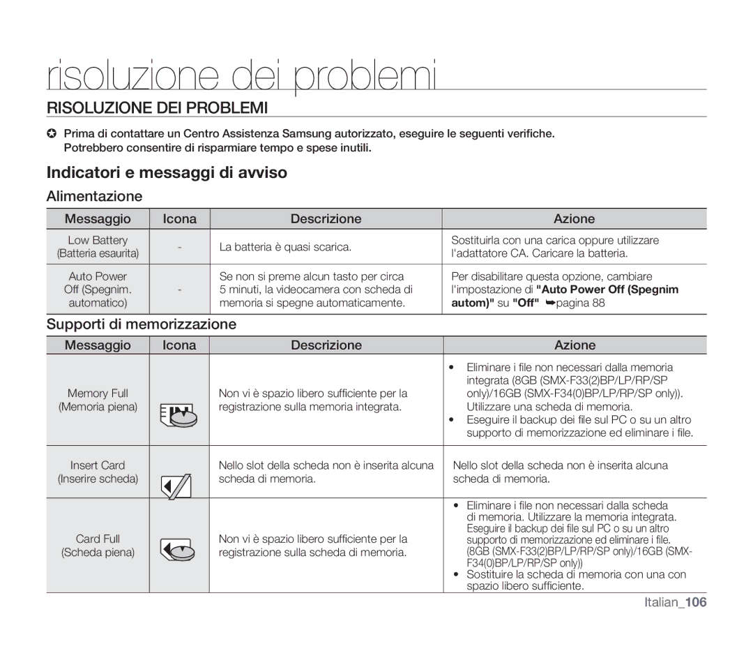 Samsung SMX-F30RP/EDC manual Risoluzione dei problemi, Risoluzione DEI Problemi, Alimentazione, Supporti di memorizzazione 