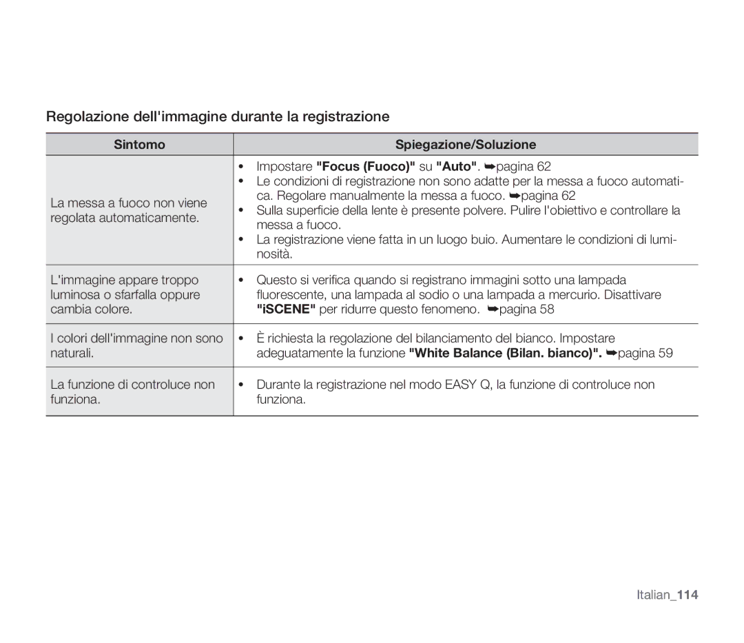 Samsung SMX-F33BP/EDC Regolazione dellimmagine durante la registrazione, Impostare Focus Fuoco su Auto. pagina, Nosità 