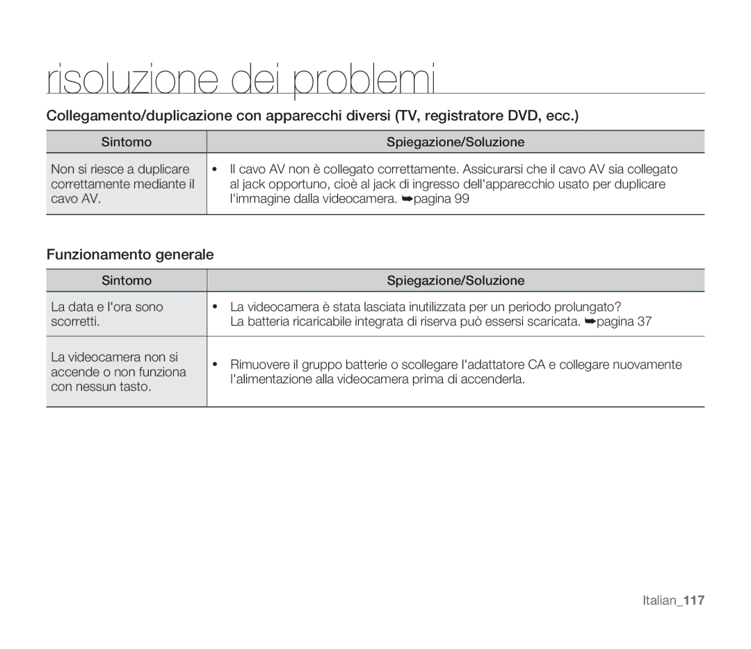 Samsung SMX-F30BP/EDC Funzionamento generale, Accende o non funziona, Lalimentazione alla videocamera prima di accenderla 