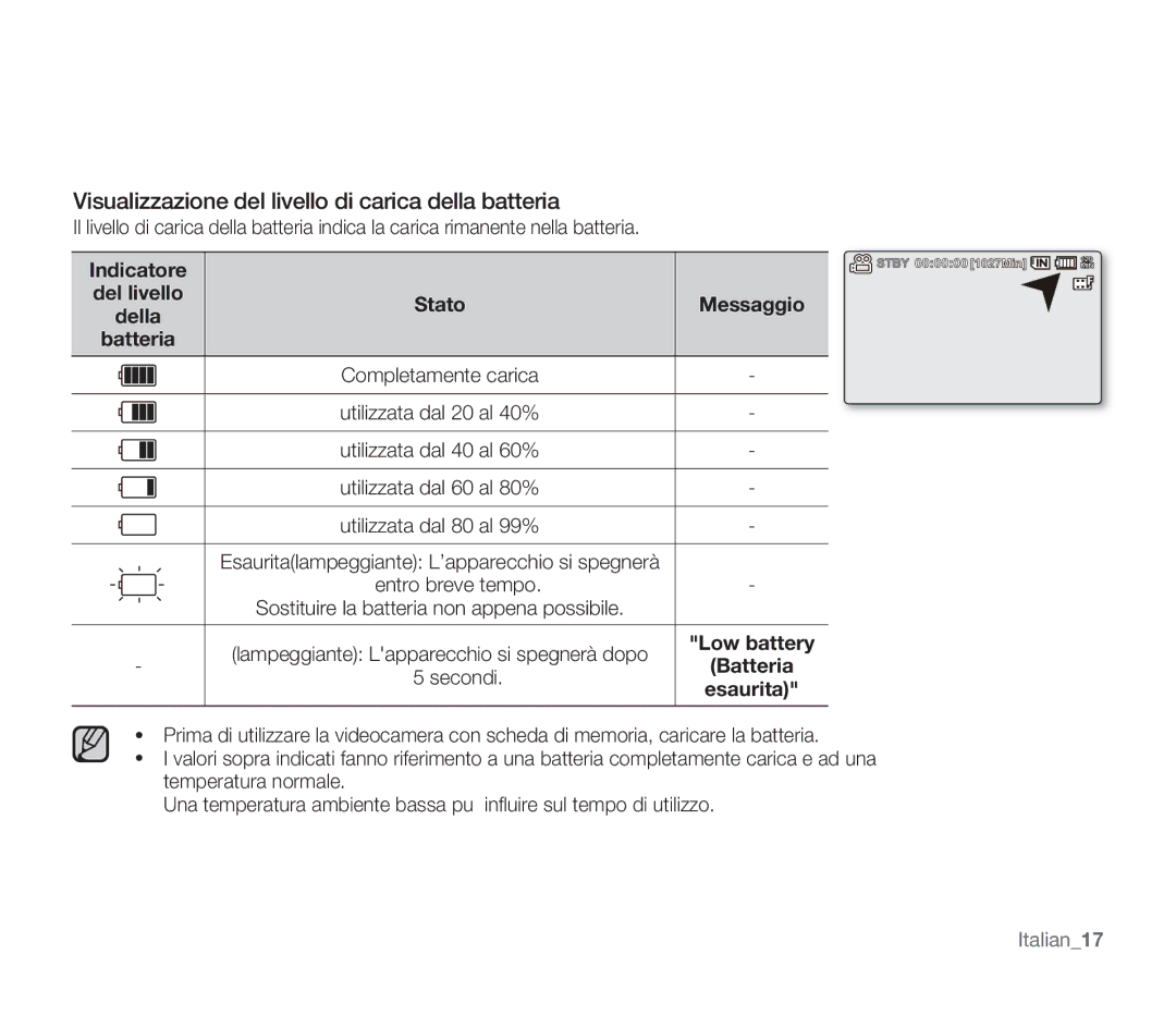 Samsung SMX-F30BP/EDC, SMX-F33BP/EDC, SMX-F30SP/EDC manual Visualizzazione del livello di carica della batteria, Indicatore 