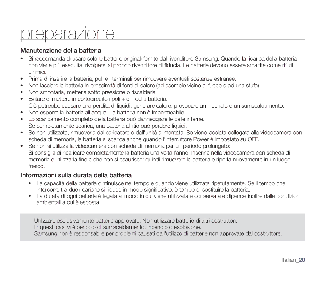 Samsung SMX-F30LP/EDC, SMX-F33BP/EDC, SMX-F30SP/EDC Manutenzione della batteria, Informazioni sulla durata della batteria 