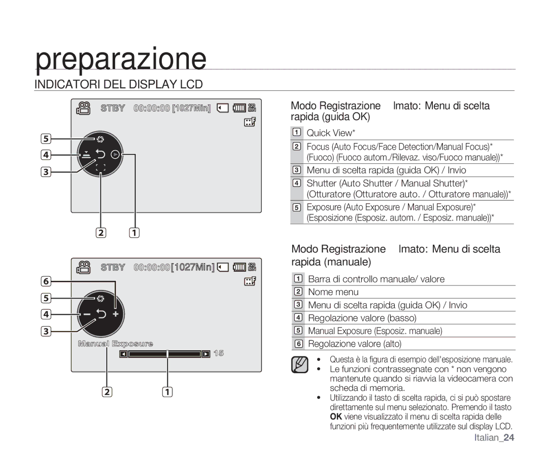 Samsung SMX-F33BP/EDC, SMX-F30SP/EDC, SMX-F30RP/EDC, SMX-F30BP/EDC Modo Registrazione ﬁlmato Menu di scelta rapida guida OK 