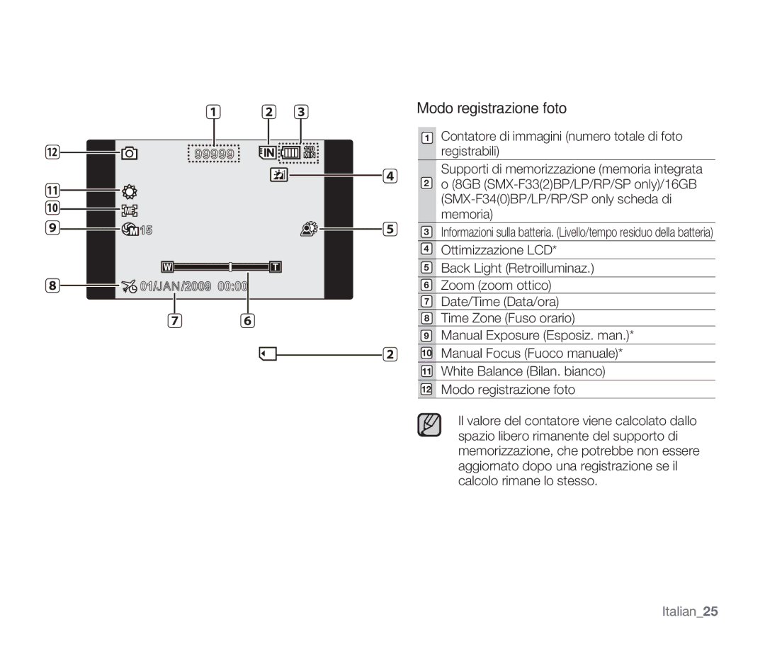 Samsung SMX-F30SP/EDC, SMX-F33BP/EDC, SMX-F30RP/EDC, SMX-F30BP/EDC, SMX-F34BP/EDC, SMX-F34SP/EDC manual Modo registrazione foto 