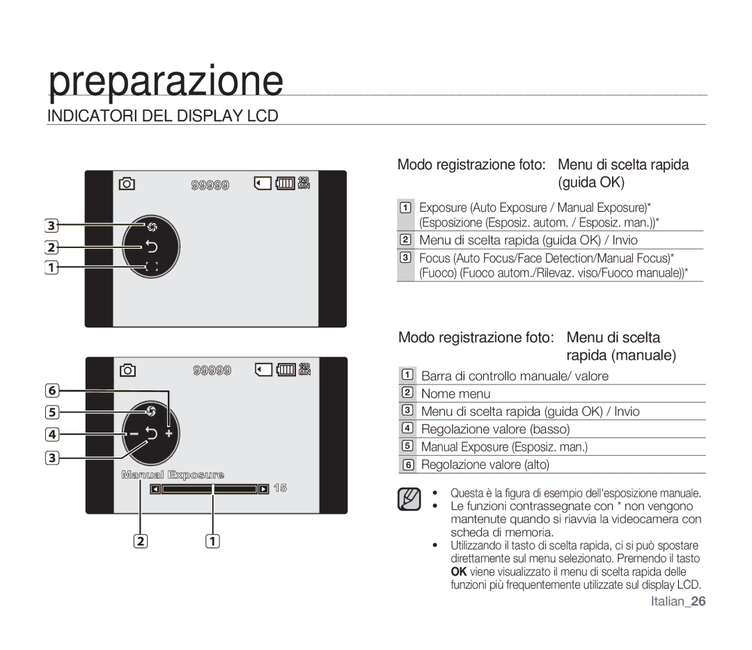 Samsung SMX-F30RP/EDC manual Modo registrazione foto Menu di scelta rapida guida OK, Menu di scelta rapida guida OK / Invio 