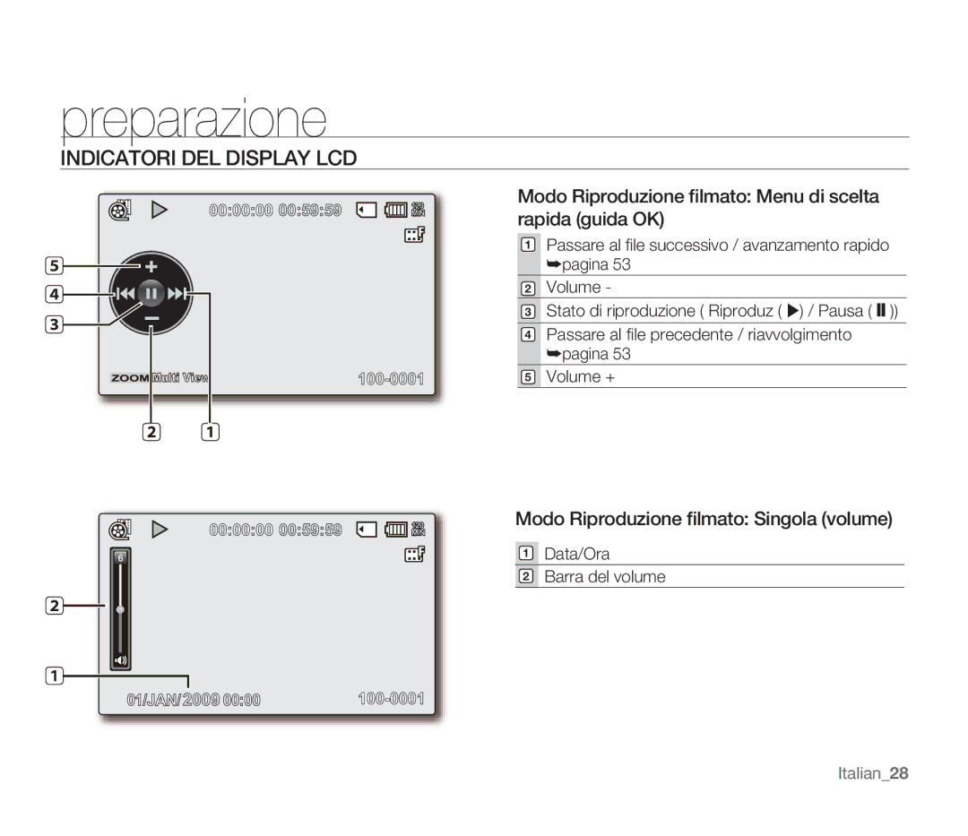 Samsung SMX-F34BP/EDC Modo Riproduzione ﬁlmato Menu di scelta rapida guida OK, Modo Riproduzione ﬁlmato Singola volume 