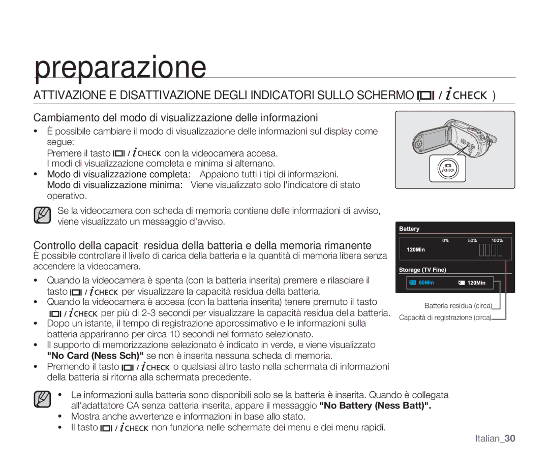 Samsung SMX-F30LP/EDC, SMX-F33BP/EDC, SMX-F30SP/EDC manual Attivazione E Disattivazione Degli Indicatori Sullo Schermo 