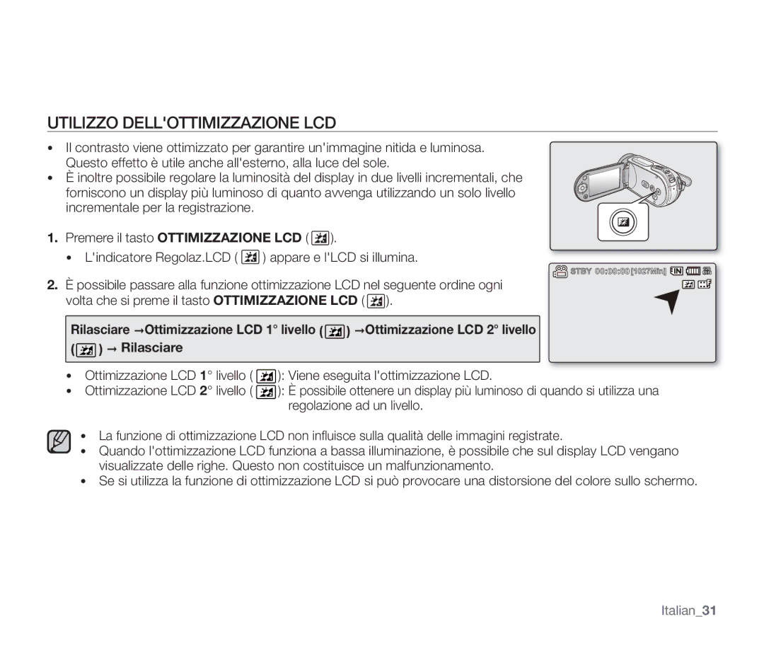 Samsung SMX-F33BP/XEB, SMX-F33BP/EDC, SMX-F30SP/EDC, SMX-F30RP/EDC, SMX-F30BP/EDC manual Utilizzo Dellottimizzazione LCD 