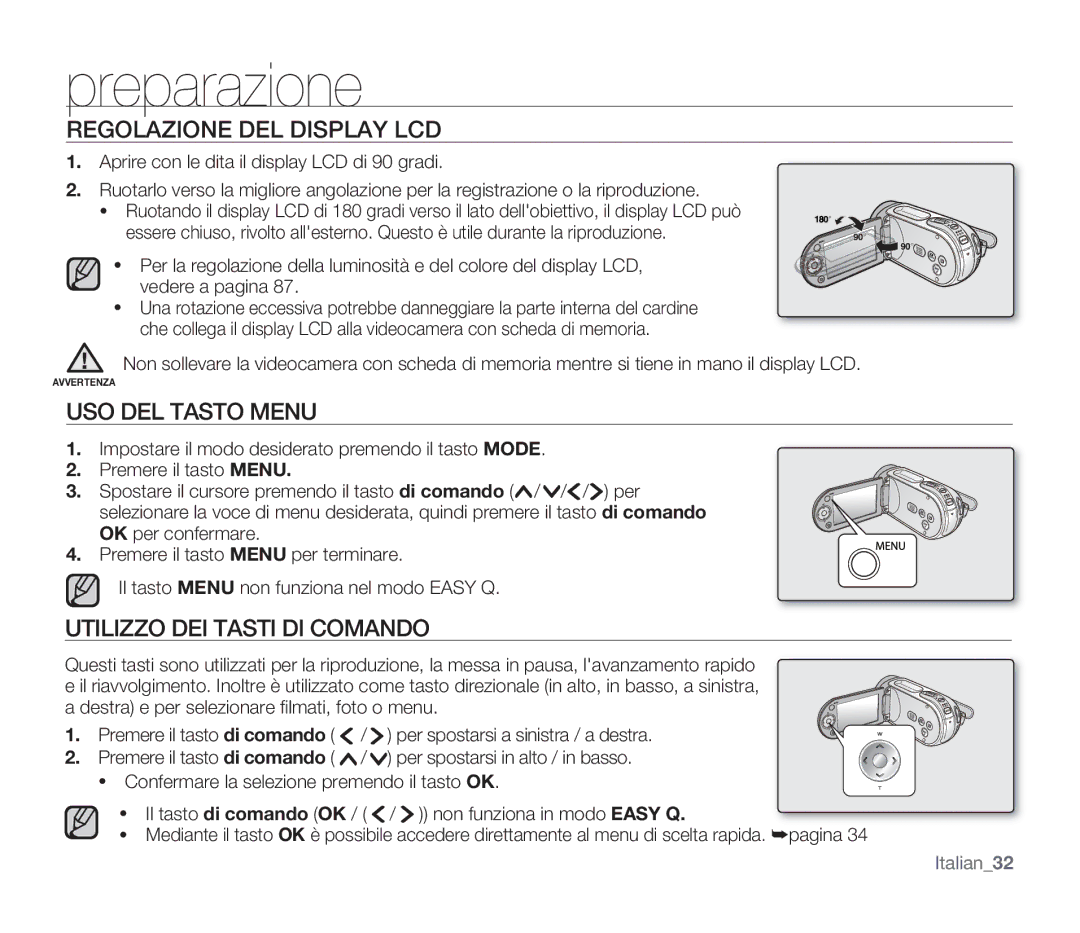 Samsung SMX-F33LP/EDC, SMX-F33BP/EDC manual Regolazione DEL Display LCD, USO DEL Tasto Menu, Utilizzo DEI Tasti DI Comando 