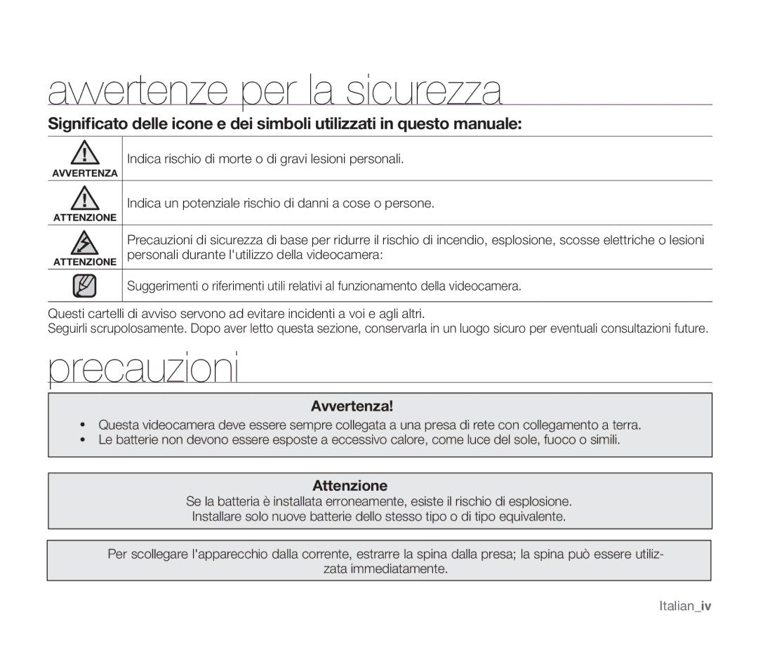 Samsung SMX-F34BP/EDC manual Avvertenze per la sicurezza, Precauzioni, Indica rischio di morte o di gravi lesioni personali 