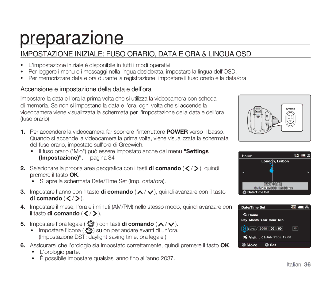 Samsung SMX-F30RP/EDC, SMX-F33BP/EDC, SMX-F30SP/EDC manual Impostazione Iniziale Fuso ORARIO, Data E ORA & Lingua OSD 