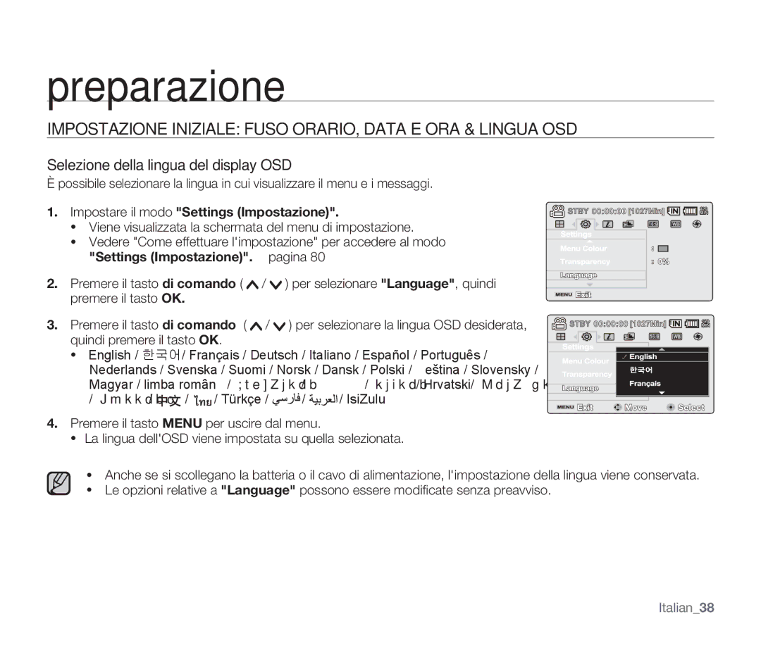 Samsung SMX-F34BP/EDC, SMX-F33BP/EDC manual Selezione della lingua del display OSD, Impostare il modo Settings Impostazione 