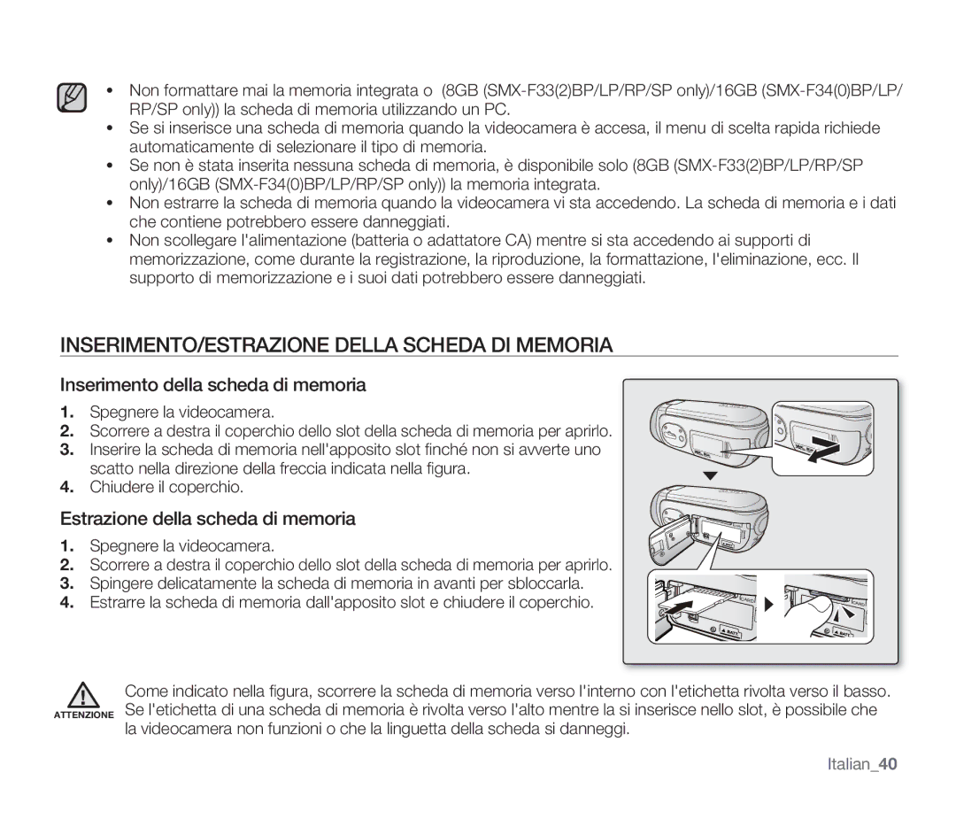 Samsung SMX-F30LP/EDC, SMX-F33BP/EDC INSERIMENTO/ESTRAZIONE Della Scheda DI Memoria, Inserimento della scheda di memoria 