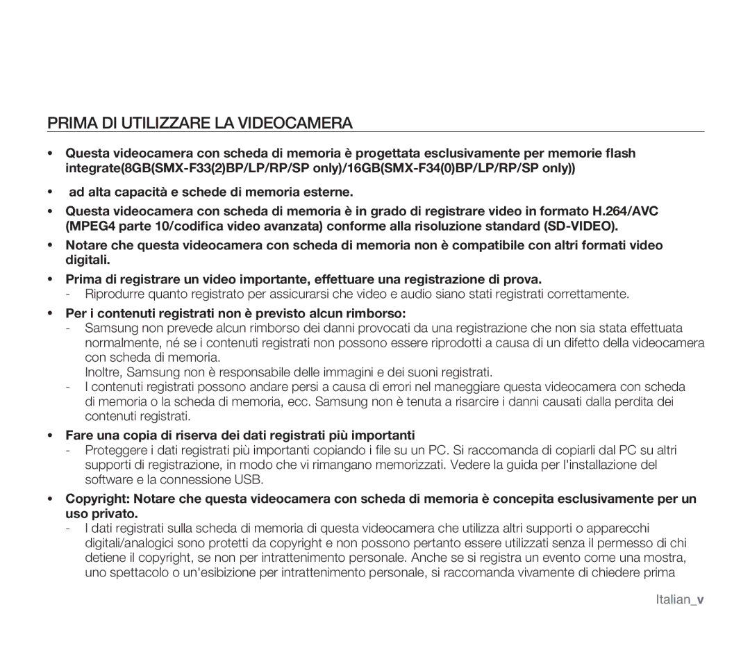 Samsung SMX-F34SP/EDC, SMX-F33BP/EDC manual Prima DI Utilizzare LA Videocamera, Ad alta capacità e schede di memoria esterne 