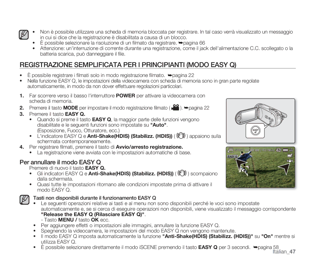 Samsung SMX-F30BP/EDC manual Registrazione Semplificata PER I Principianti Modo Easy Q, Per annullare il modo Easy Q 