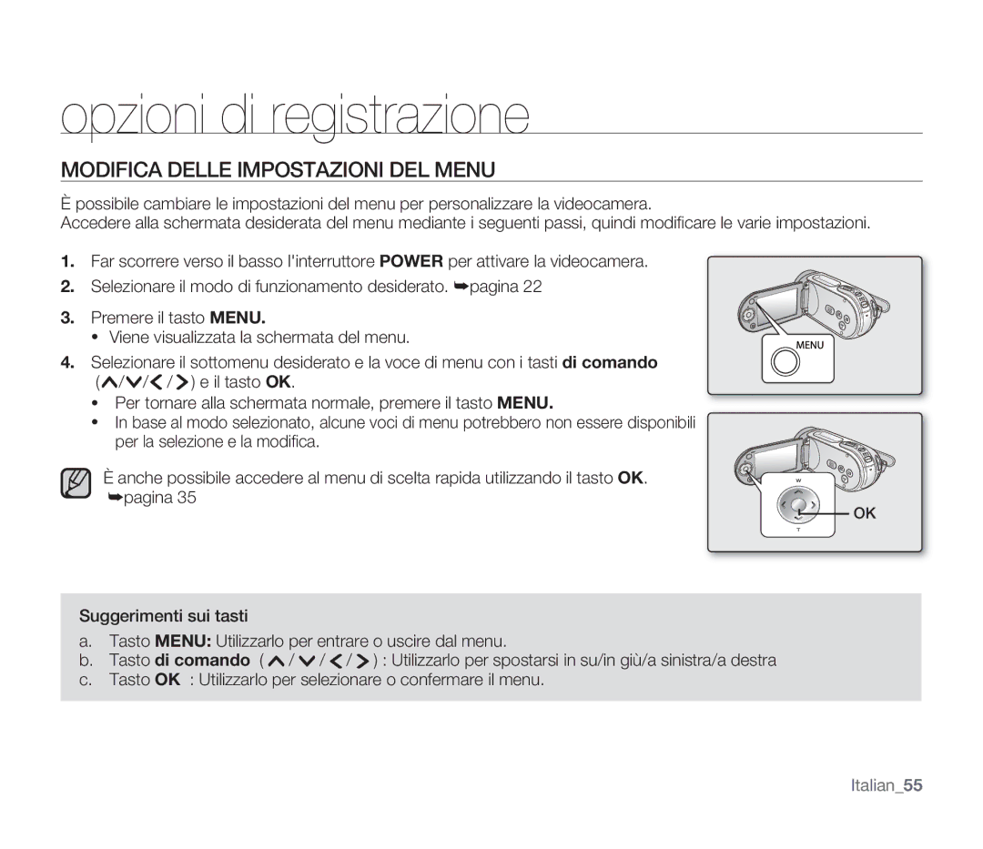 Samsung SMX-F30SP/EDC, SMX-F33BP/EDC, SMX-F30RP/EDC manual Opzioni di registrazione, Modifica Delle Impostazioni DEL Menu 