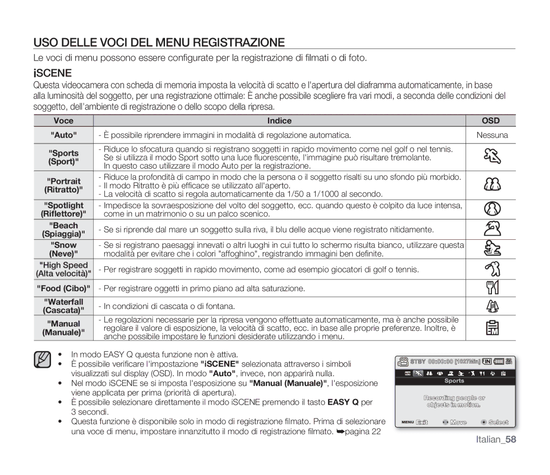 Samsung SMX-F34BP/EDC, SMX-F33BP/EDC, SMX-F30SP/EDC, SMX-F30RP/EDC manual USO Delle Voci DEL Menu Registrazione, Iscene 