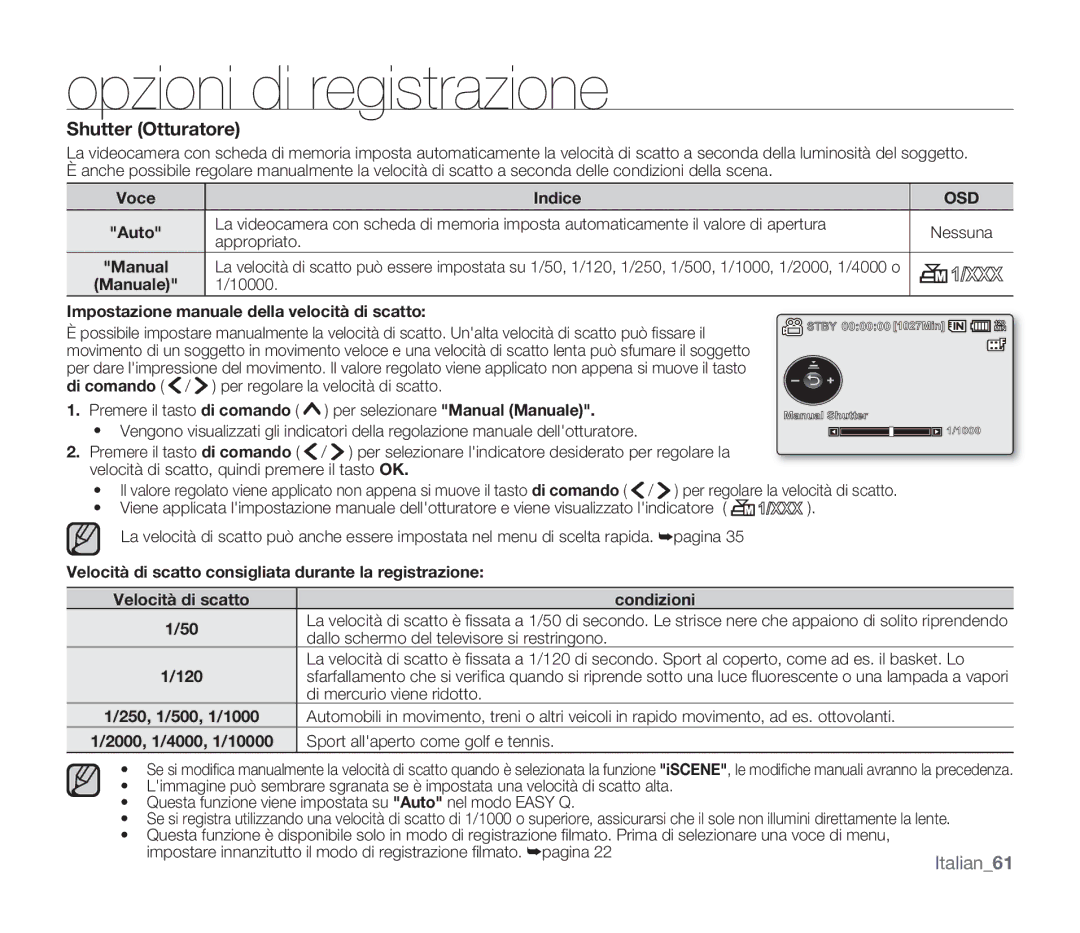 Samsung SMX-F33BP/XEB, SMX-F33BP/EDC Shutter Otturatore, Manuale 10000 Impostazione manuale della velocità di scatto 