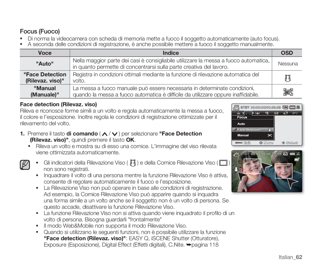 Samsung SMX-F33LP/EDC, SMX-F33BP/EDC, SMX-F30SP/EDC, SMX-F30RP/EDC manual Focus Fuoco, Volto, Face detection Rilevaz. viso 