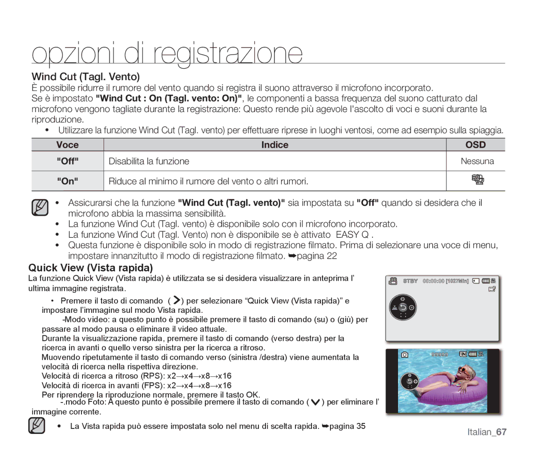 Samsung SMX-F30BP/EDC, SMX-F33BP/EDC, SMX-F30SP/EDC manual Wind Cut Tagl. Vento, Voce Indice Off Disabilita la funzione 