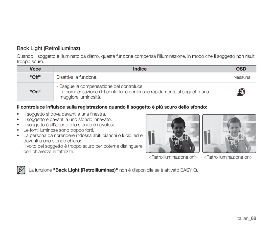 Samsung SMX-F34BP/EDC, SMX-F33BP/EDC, SMX-F30SP/EDC, SMX-F30RP/EDC manual Back Light Retroilluminaz, Off Disattiva la funzione 